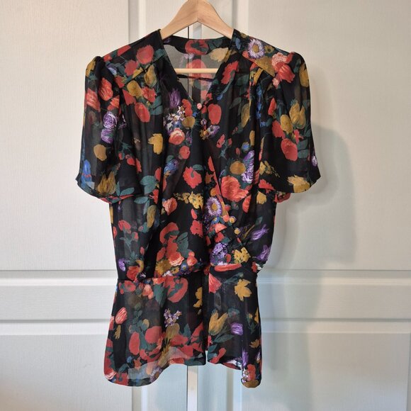 Vintage 80s-90s 1940s-Inspired Sheer Floral Top | Diagonal Buttons | M–L - Picture 4 of 8